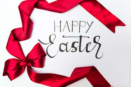 Happy Easter card with homemade painted eggsの写真素材