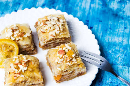 Baklava dessert slices on a plate top viewの写真素材