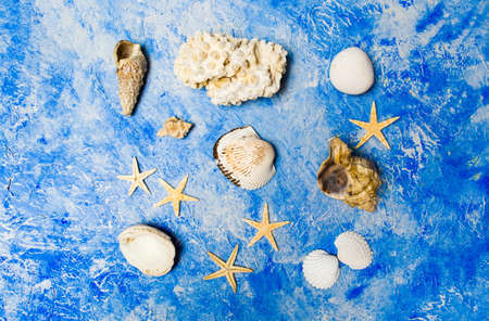 Seaside and ocean objects against blue backgroundの写真素材