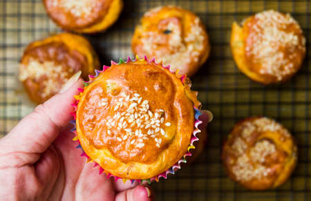 Hand holding a muffin with seeds and grains top viewの写真素材