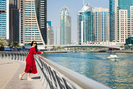 Girl enjoying a Dubai marina view in United Arab Emiratesの写真素材