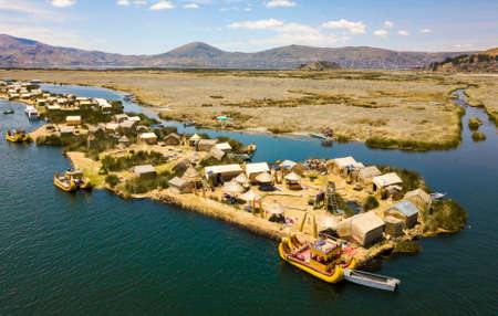 Aerial view of floating islands of Uros at Lake Titicacaの写真素材