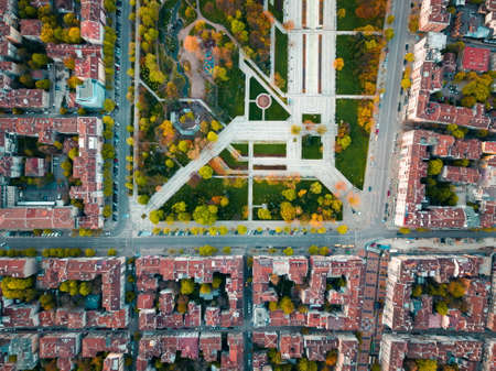 Aerial view of Memorial park in Sofia Bulgaria with surrounding buildingsの写真素材