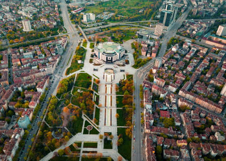 Aerial photo of National palace of culture and the surrounding park and buildings in Sofia Bulgariaの写真素材