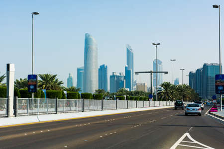 Abu Dhabi, United Arab Emirates - January 27, 2018: Panoramic view of modern building in Abu Dhabi downtown from the Corniche road at day timeのeditorial素材