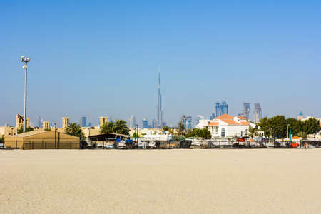 Dubai, United Arab Emirates, April 20, 2018: Panoramic view of Dubai from the Kite beach with Burj...