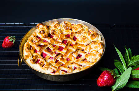 Homemade strawberry sweet pie, baked pastry dessert