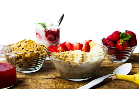 Breakfast cereals with banana and strawberry for healthy mealの写真素材