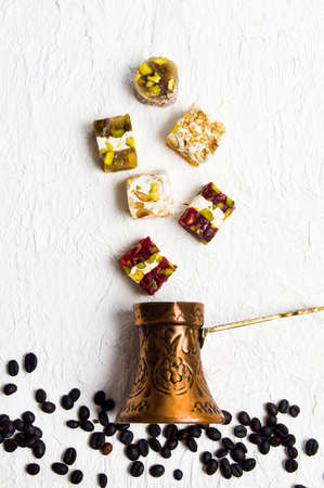 Turkish delights with roasted coffee beans top viewの写真素材