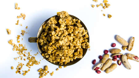 Muesli with peanuts on a pile, healthy foodの写真素材