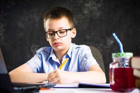 Schoolboy studying and working on homework at home