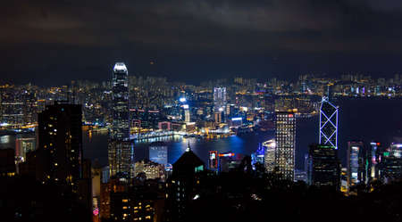 Hong Kong - August 7, 2018: Hong Kong modern cityscape view from the Victoria peak at night