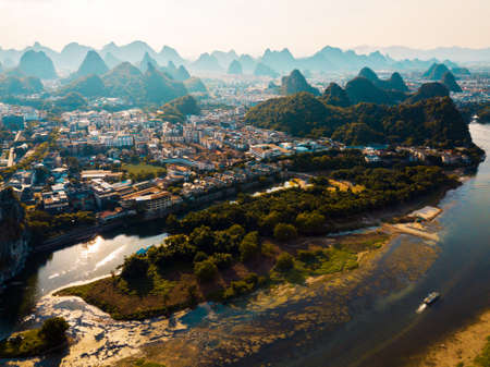 Guilin aerial view with Li river and stunning rock formations in Chinaの写真素材
