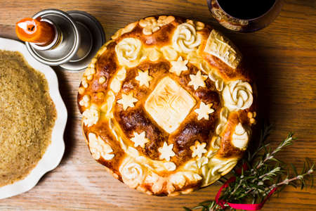 Serbian slava bread baked and decorated in traditional styleの写真素材