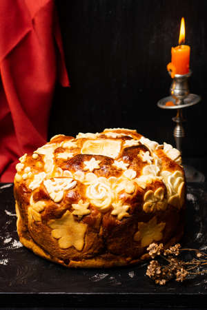 Serbian slava bread baked and decorated in traditional style