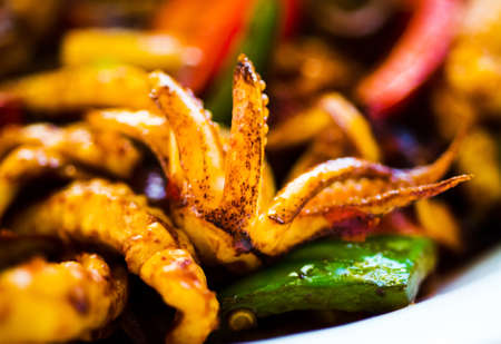 Fried squid with vegetables on a plate close upの写真素材