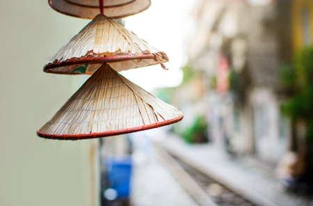 Vietnamese conical hats on the street close upの写真素材