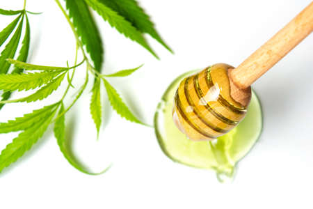 Cannabis honey and a wooden dipper spoon isolatedの写真素材