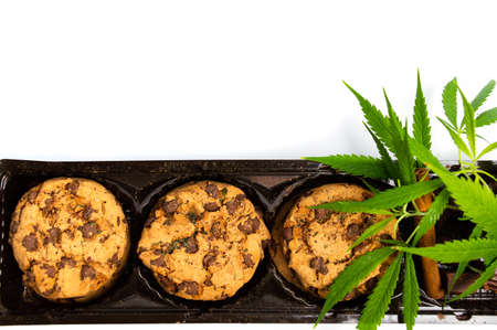 Integral cookies with marijuana isolated on white backgroundの写真素材