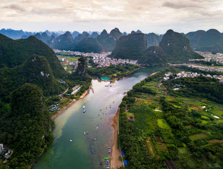 Yangshuo county and Li river in Guilin, China aerial viewのeditorial素材