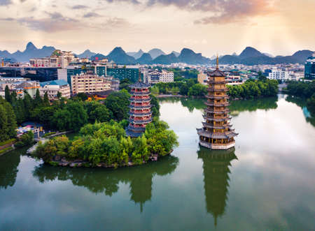 Aerial view of Guilin park with twin pagodas in Guangxi, Chinaのeditorial素材