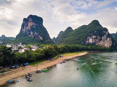 Yangshuo county and Li river in Guilin, China aerial viewのeditorial素材