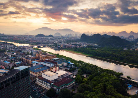 Beautiful sunrise over Li river in Guilin, China aerial viewのeditorial素材