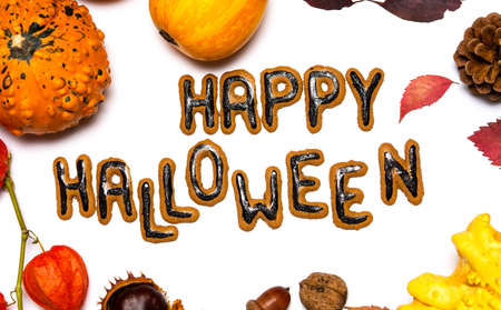 Halloween day card with many seasonal decorationsの写真素材