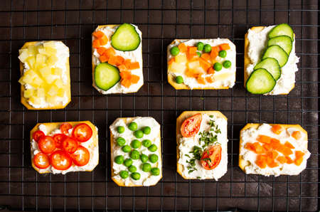 Healthy sandwiches with vegetables flat lay tabletop