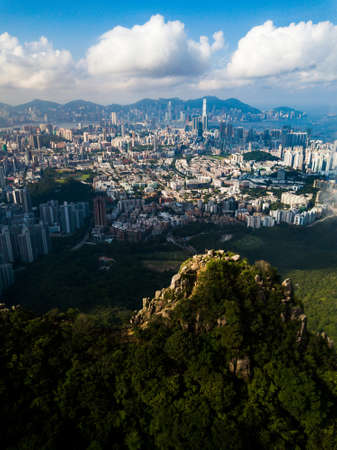 Aerial view of foggy Hong Kong island downtown modern cityscape