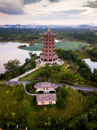 Chinese park with lotus flowers lake aerial viewのeditorial素材