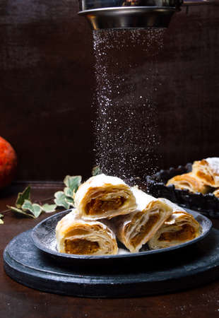 Homemade Pumpkin pie with sugar on a plateの写真素材