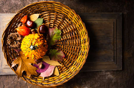 Autumn symbols decoration arrangement top viewの写真素材