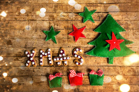 Christmas background on a wooden wall flat lay