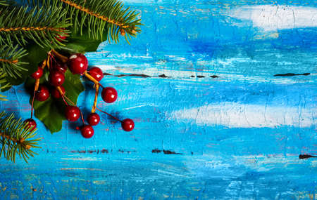 Christmas decorations with fir tree and copy space background