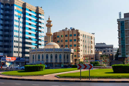 Ajman, United Arab Emirates - December 6, 2018: Mosque in jman downtown by the Corniche road on a sunny dayのeditorial素材