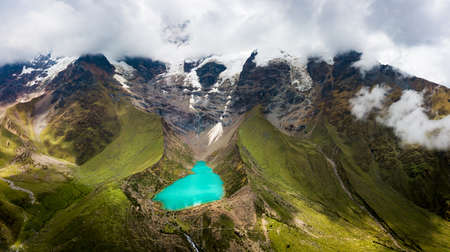 Aerial view of Humantay lake in Peru on Salcantay mountain in the Andes