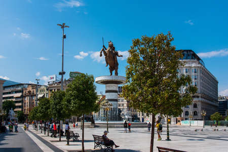 Skopje, Macedonia - August 26, 2017: Main square in Skopje, capital city of Macedonia with Alexander the great monument on a sunny dayのeditorial素材