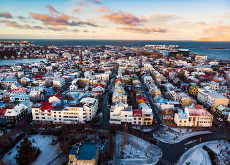 Aerial view of Reykjavik the capital city of Iceland during the sunsetの写真素材