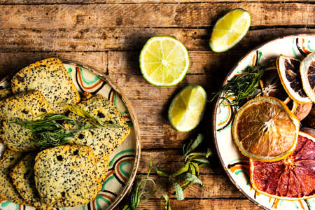 Cookies with marijuana and chia seeds on a wooden tableの写真素材