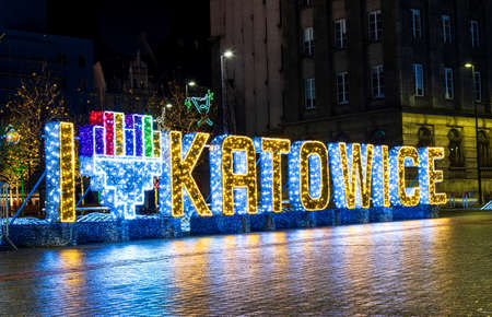 Katowice, Poland - January 1, 2019: I love Katowice sign in the city downtown area illuminated at nightのeditorial素材