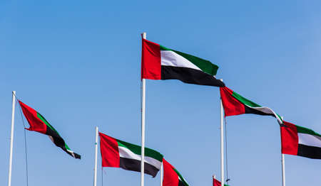 Many United Arab Emirates flags winding in the wind against blue skyの写真素材