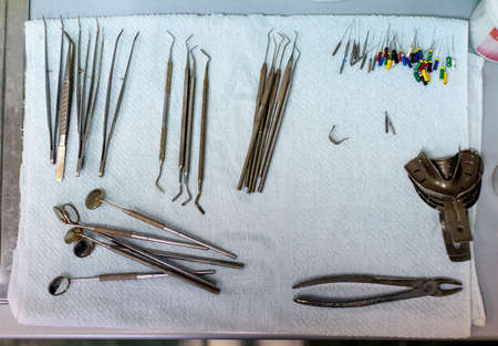 Various dental instruments flat lay top viewの写真素材