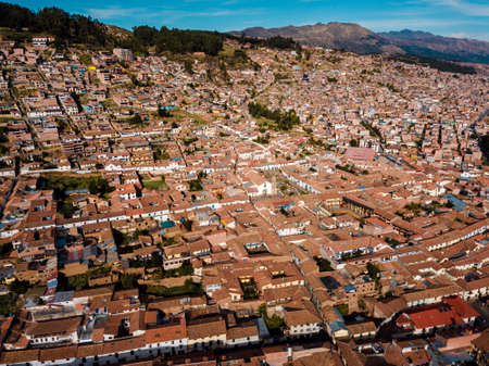 aerial of red tiled rooftops in Cuzco Peruの写真素材