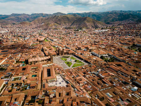 aerial of red tiled rooftops in Cuzco Peruの写真素材