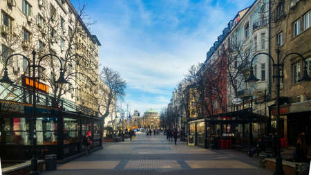 Sofia, Bulgaria - March 11, 2019: Sofia pedestrian walking street in the city downtown on a sunny dayのeditorial素材
