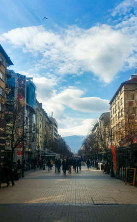 Sofia, Bulgaria - March 11, 2019: Sofia pedestrian walking street in the city downtown on a sunny dayのeditorial素材