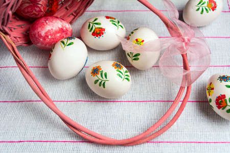 Decoupage decorated and arranged Easter eggs for a happy holiday