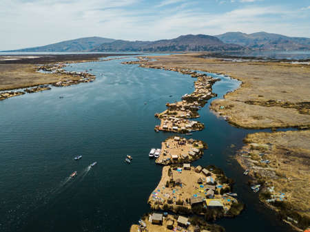 Aerial of floating islands of Uros in lake Titicacaの写真素材