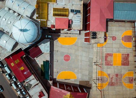 Aerial of colorful basketball courts of South Americaの写真素材